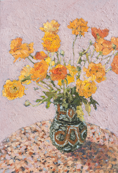 Orange Flowers in Turquoise Vase 40x55cm